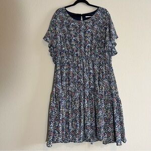 Nemidor Size 22 Navy Dress with Orange Yellow White and Green Flowers Sleeves